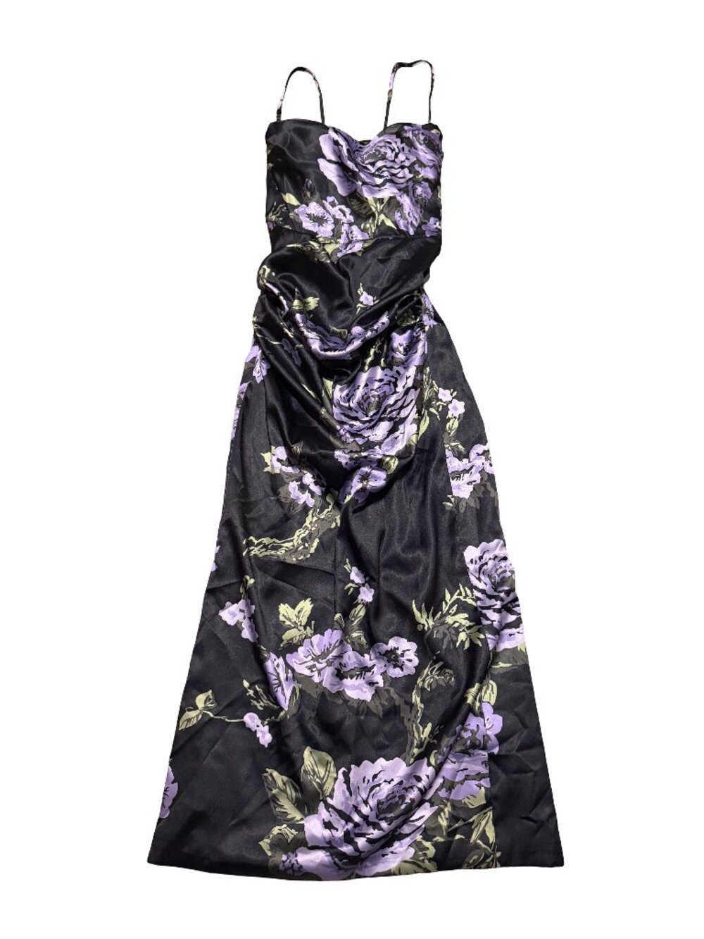 Bella Barnett Black Purple Floral Satin Maxi Dress Cowl Slit Small Women's NWT